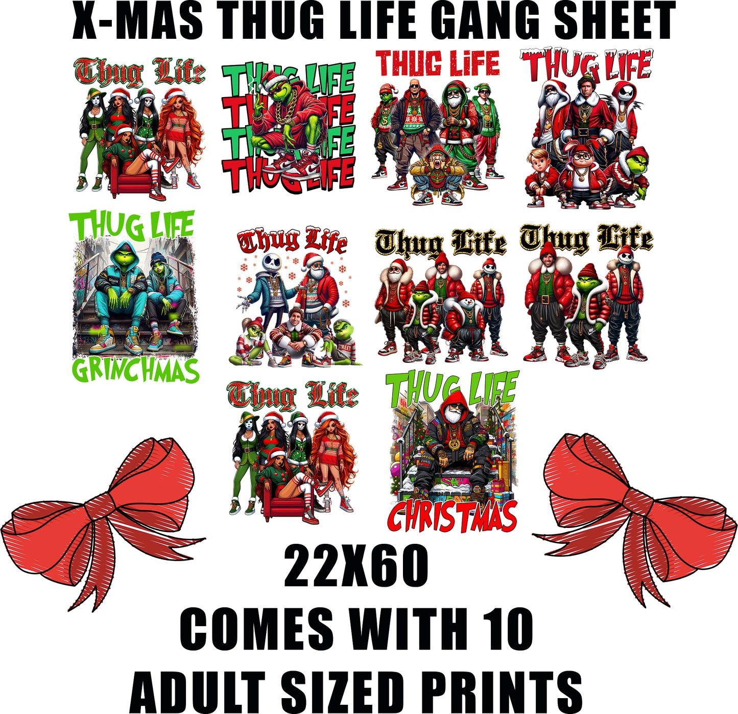 X- mas Thug Life DTF Gang Sheet, Santa Thug Life, Frosty Thug Life, Rudolph Thug Life, V2